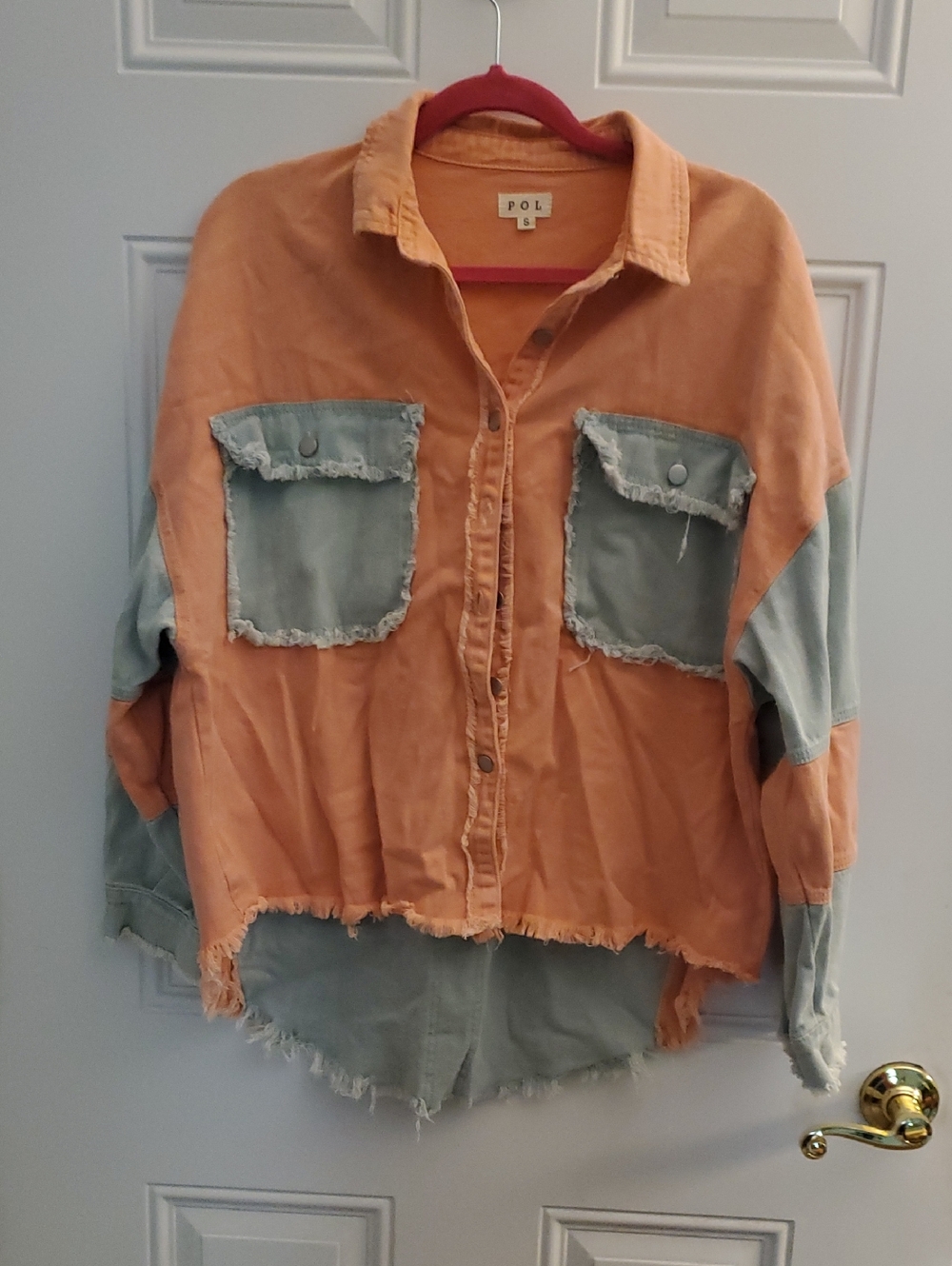 POL Peach and Light Blue Frayed Button-Up Shirt